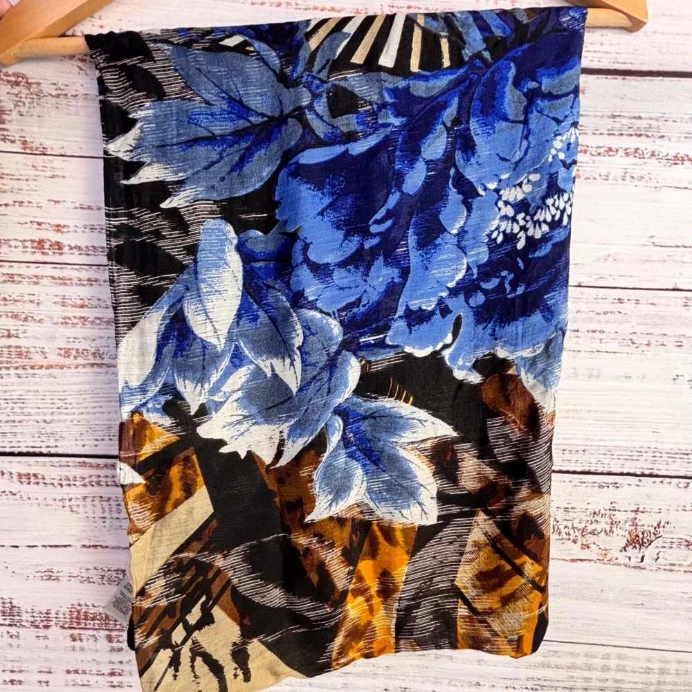 Bohemian Silk/Rayon Eclectic Scarf/Wrap‎ Chico's Floral Cobalt Blue Yellow Gold